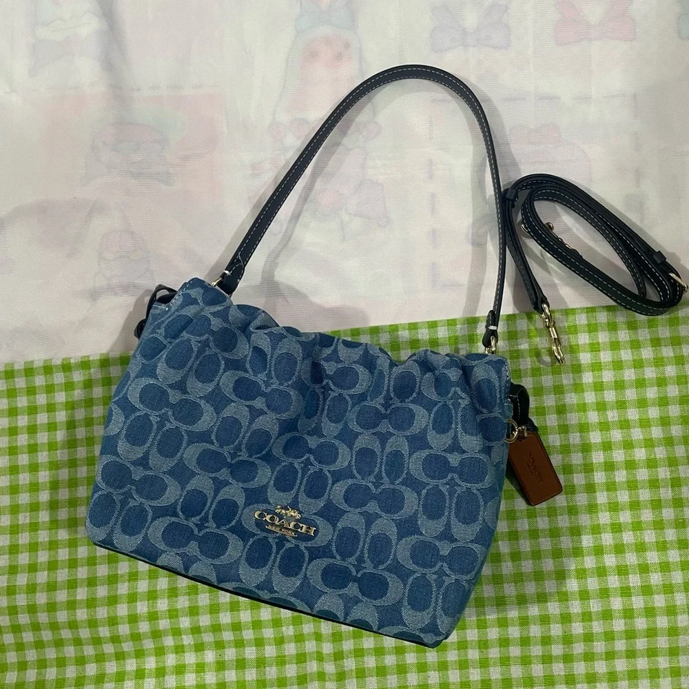 Coach Blue Signature Jacquard Shoulder Bag with Black Strap